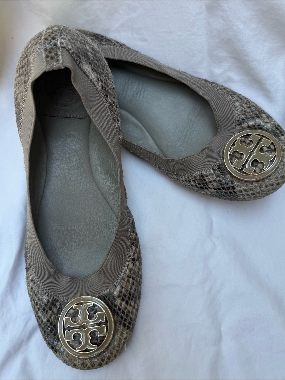 Tory Burch Snakeskin Ballet Flats with Gold Logo